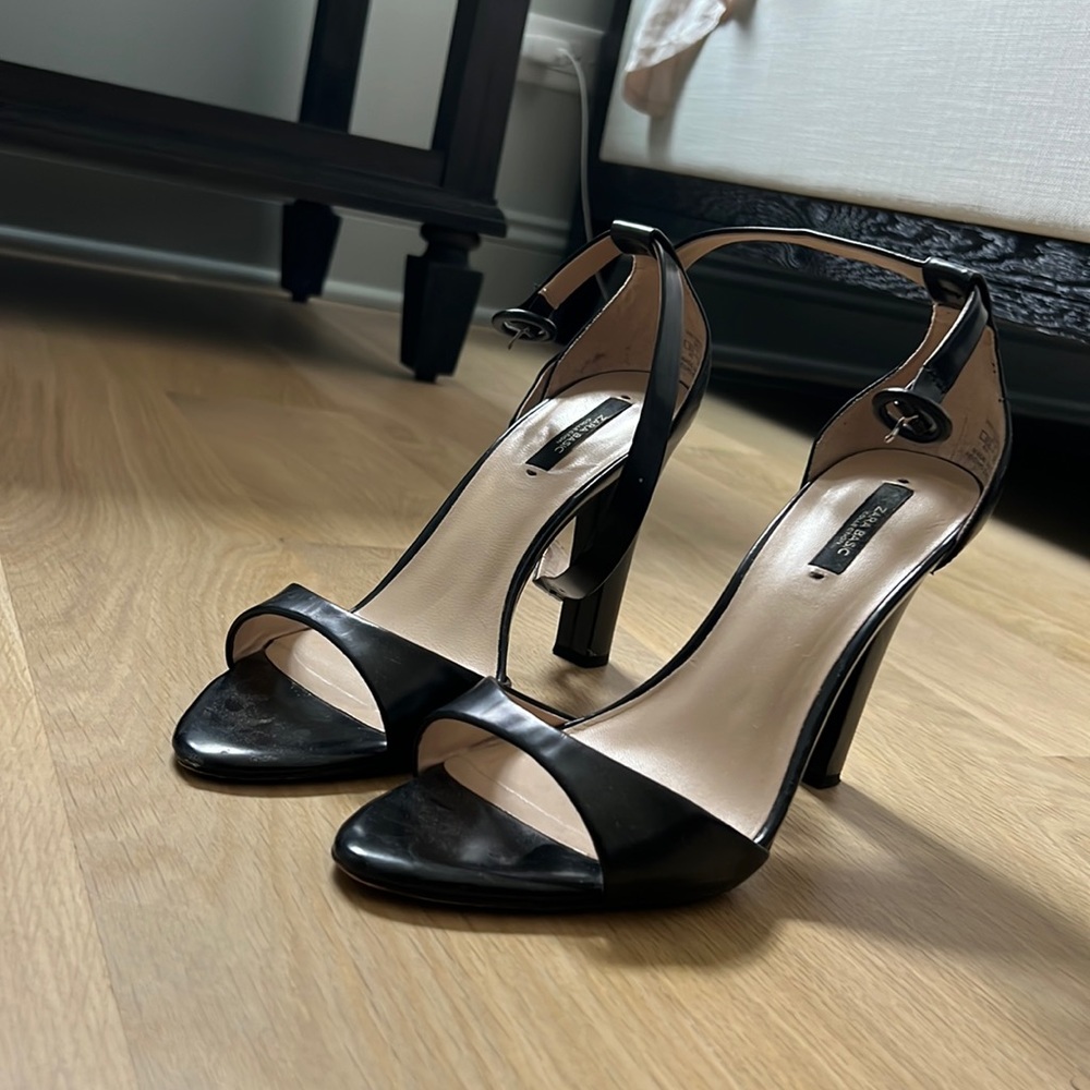 Zara black leather sandal heels. Great condition, hardly worn.